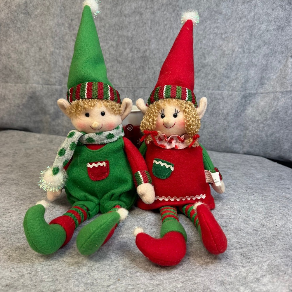 SCS Direct Christmas Elf Plush Set Boy and Girl Shelf Sitter Red Green 12 Inch